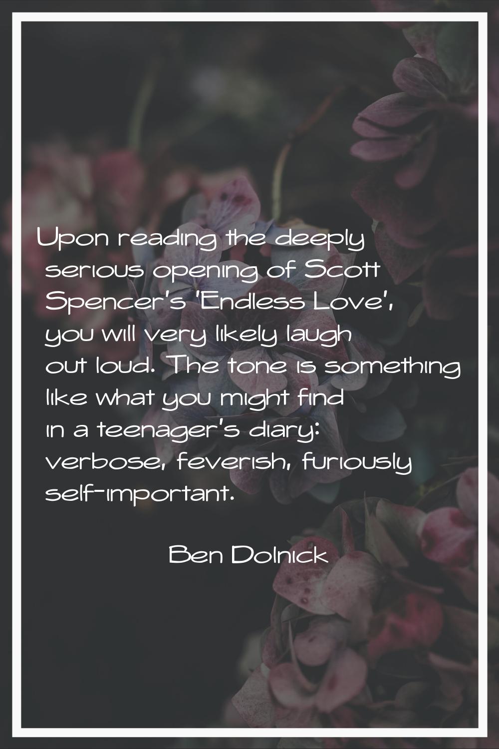 Upon reading the deeply serious opening of Scott Spencer's 'Endless Love', you will very likely lau