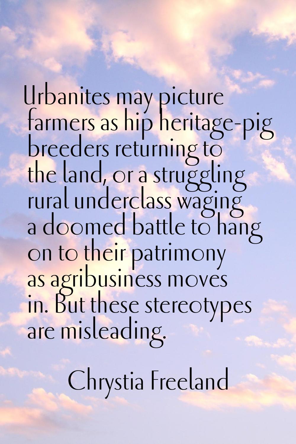 Urbanites may picture farmers as hip heritage-pig breeders returning to the land, or a struggling r