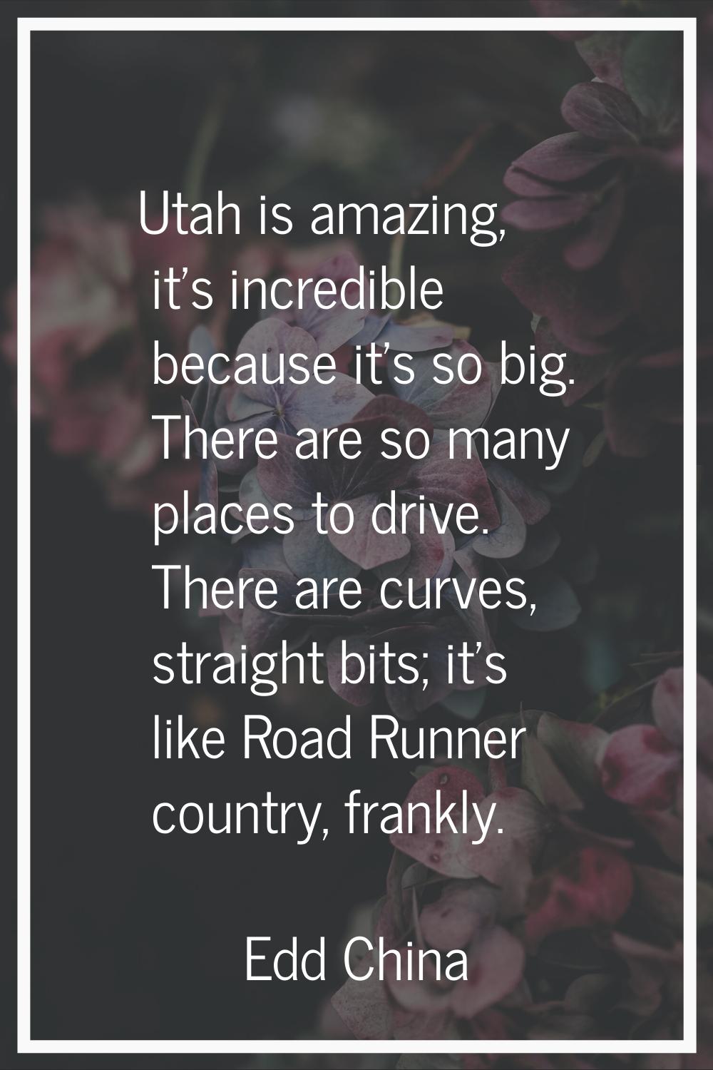 Utah is amazing, it's incredible because it's so big. There are so many places to drive. There are 