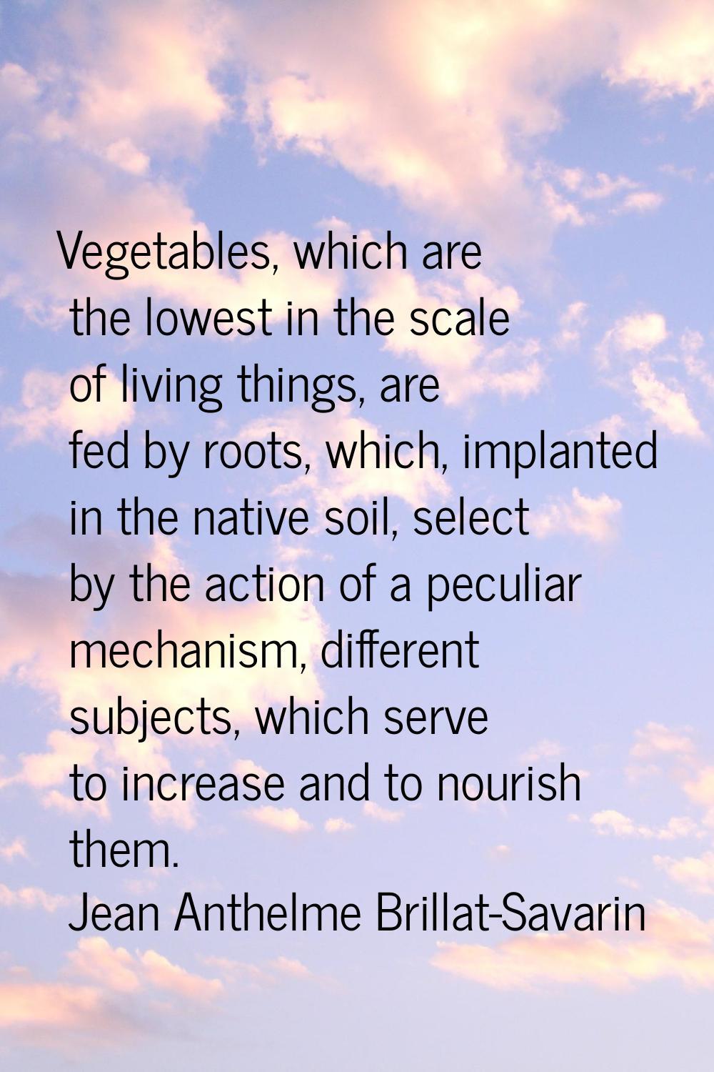 Vegetables, which are the lowest in the scale of living things, are fed by roots, which, implanted 