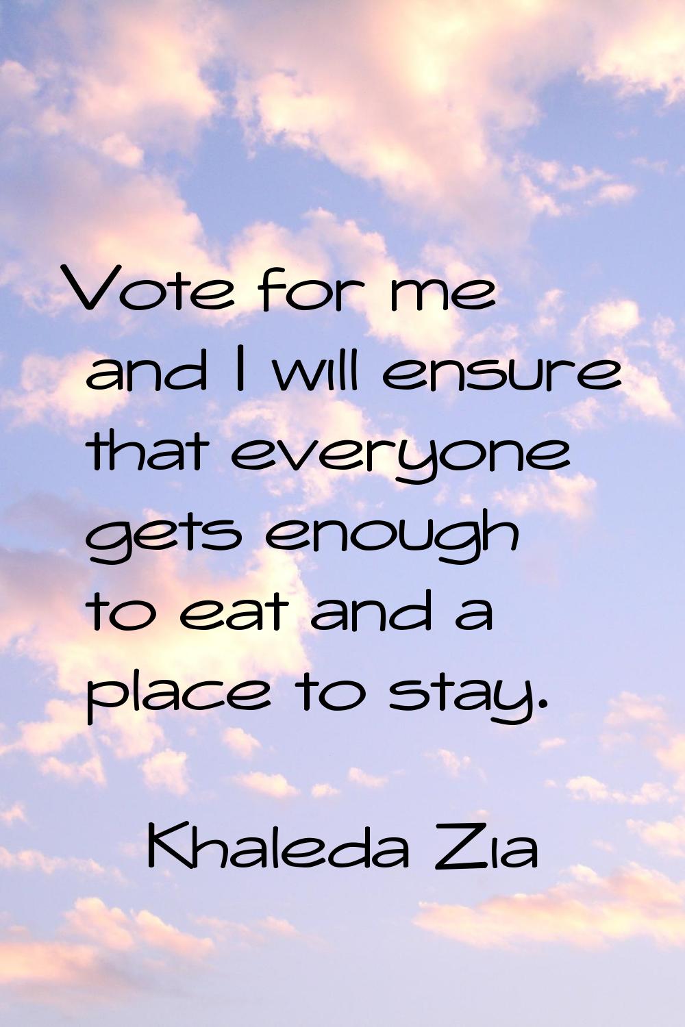 Vote for me and I will ensure that everyone gets enough to eat and a place to stay.