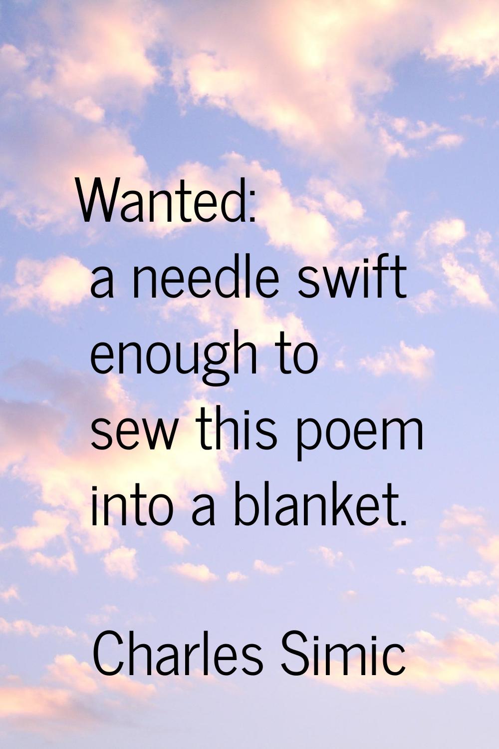 Wanted: a needle swift enough to sew this poem into a blanket.