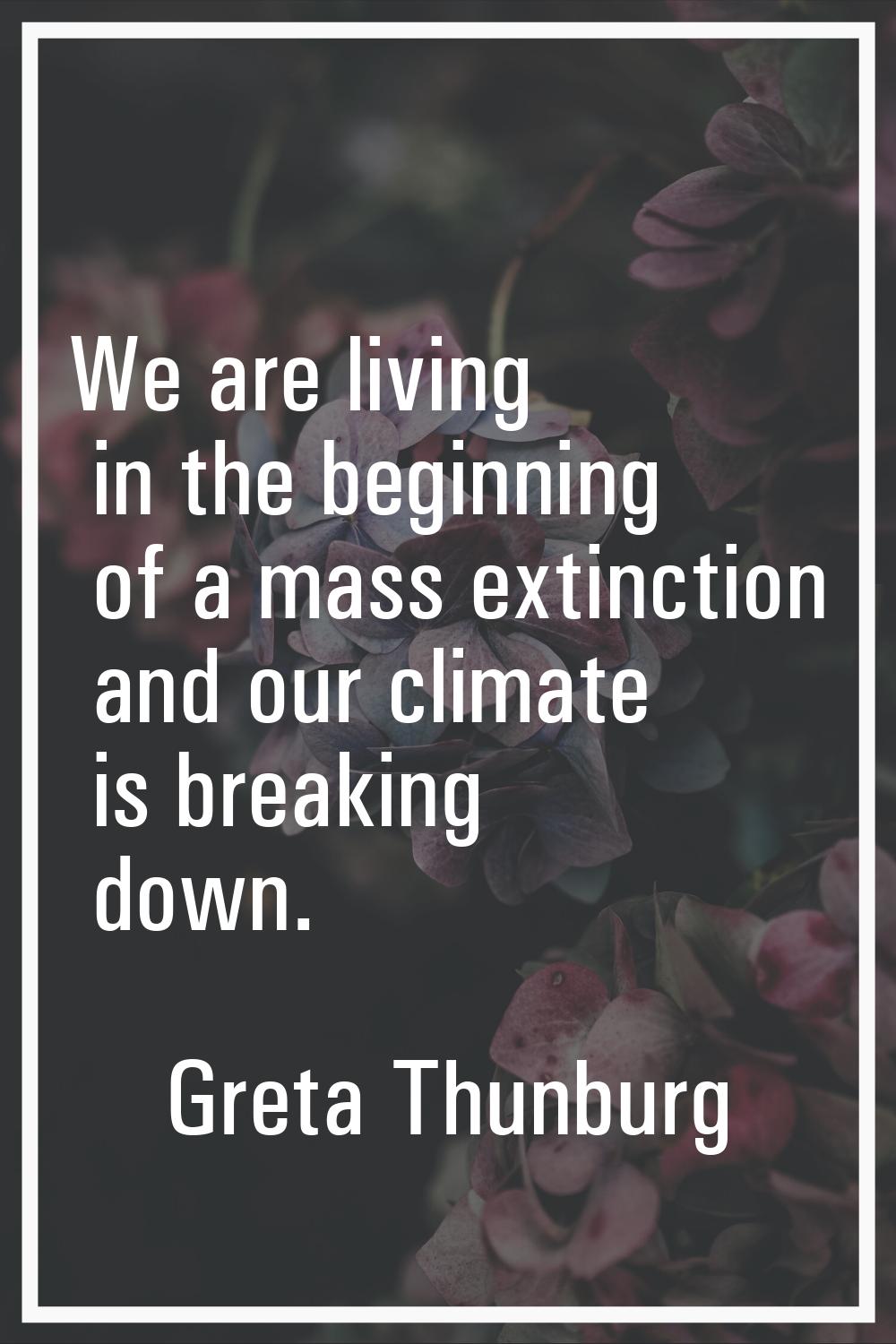 We are living in the beginning of a mass extinction and our climate is breaking down.