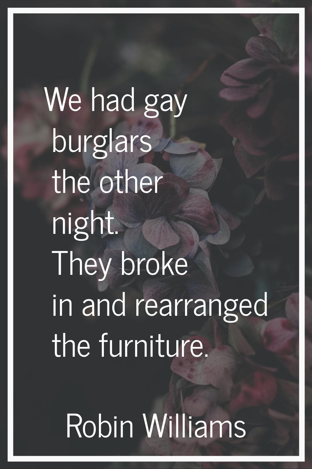 We had gay burglars the other night. They broke in and rearranged the furniture.