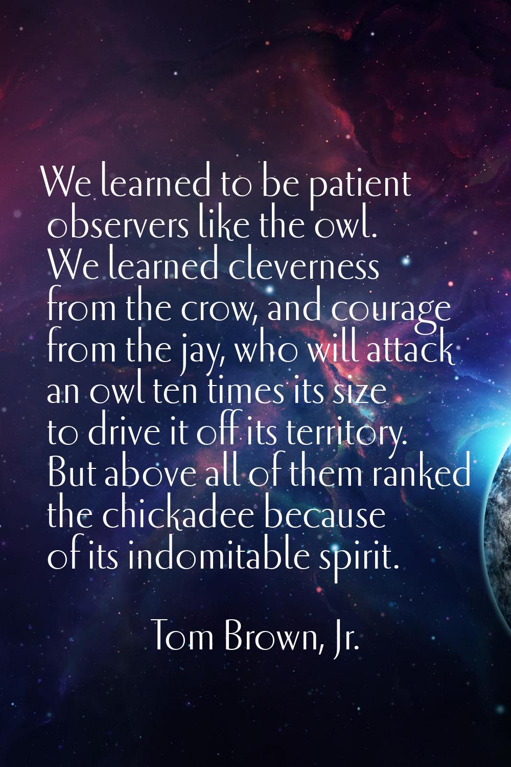 We learned to be patient observers like the owl. We learned cleverness from the crow, and courage f