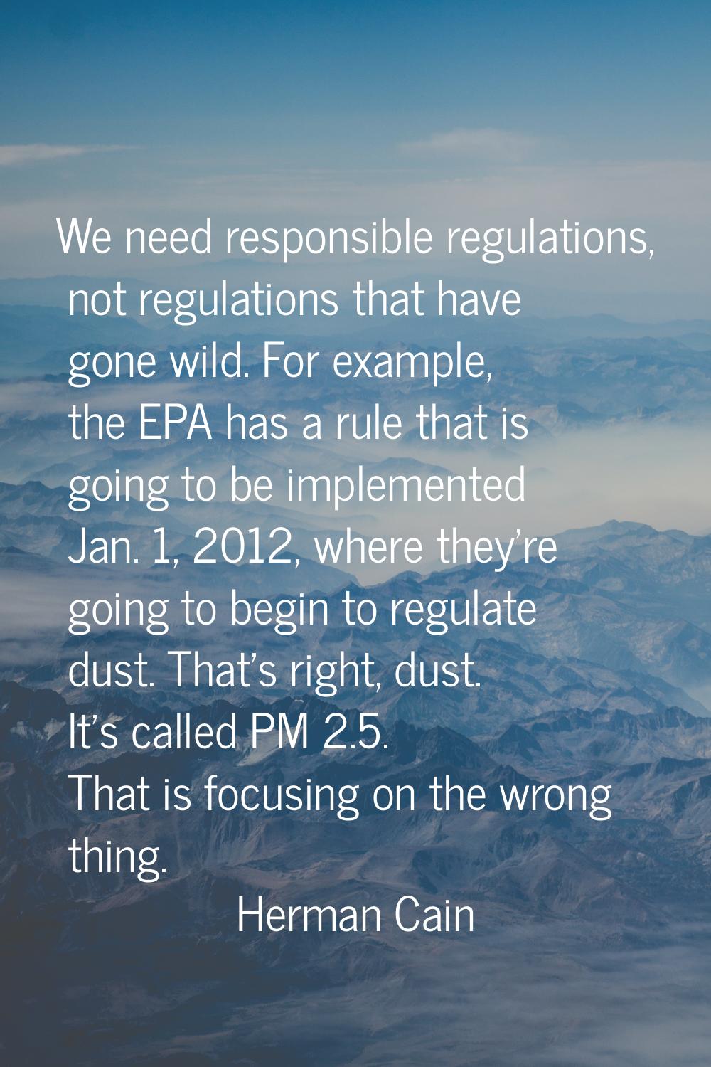 We need responsible regulations, not regulations that have gone wild. For example, the EPA has a ru