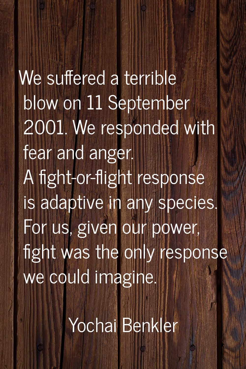 We suffered a terrible blow on 11 September 2001. We responded with fear and anger. A fight-or-flig