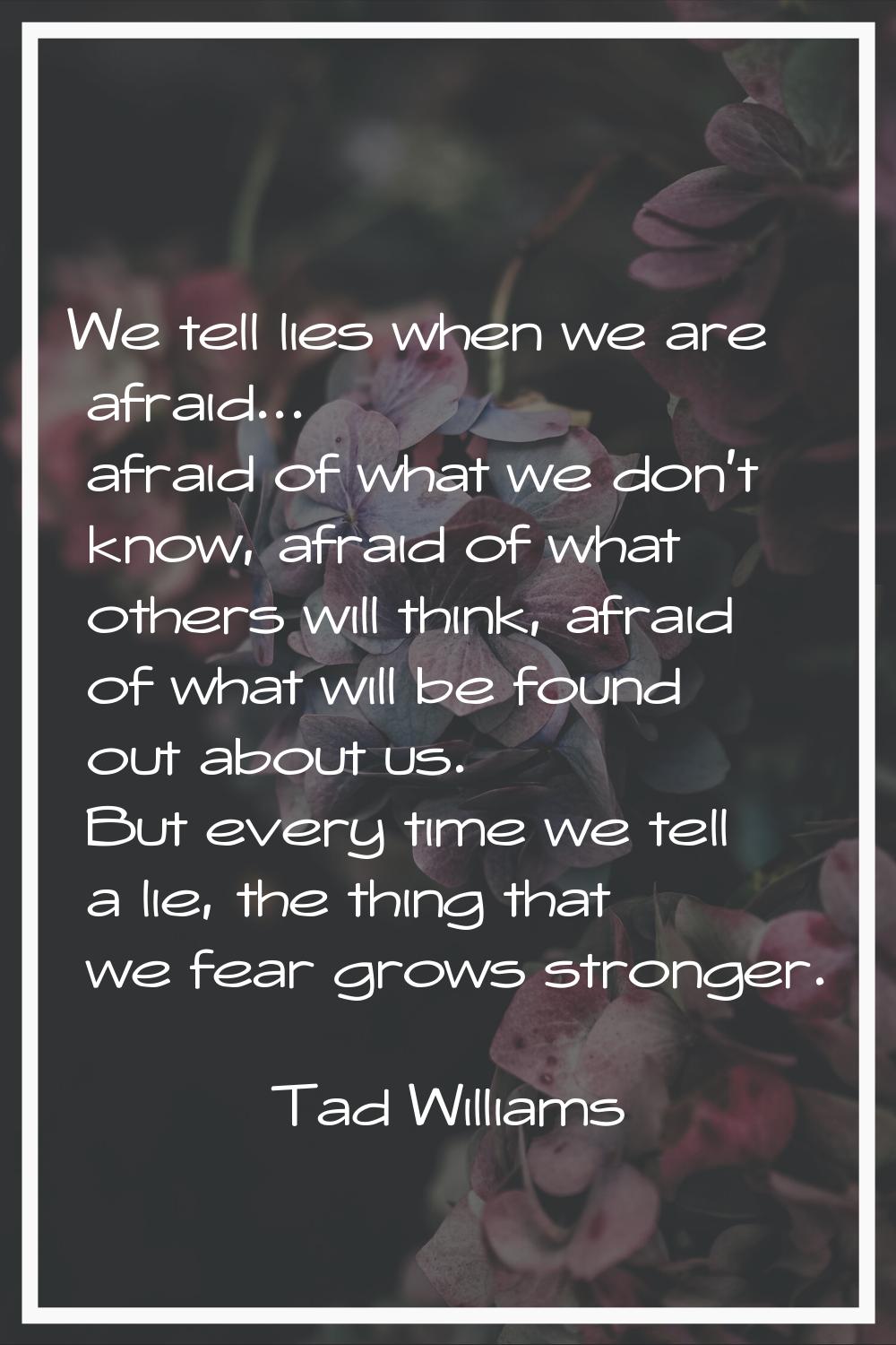 We tell lies when we are afraid... afraid of what we don't know, afraid of what others will think, 