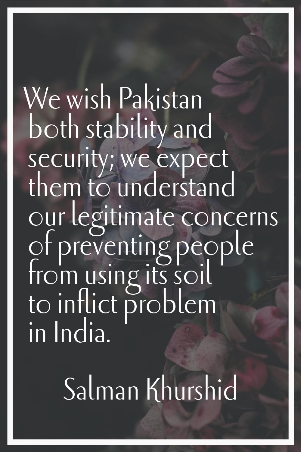 We wish Pakistan both stability and security; we expect them to understand our legitimate concerns 