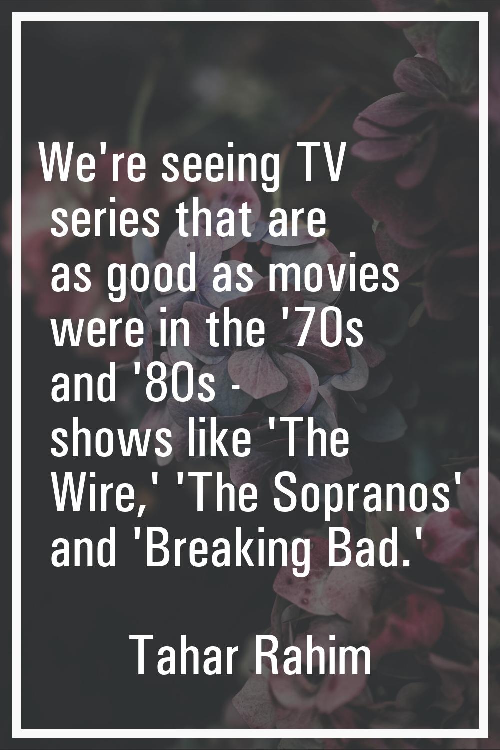 We're seeing TV series that are as good as movies were in the '70s and '80s - shows like 'The Wire,