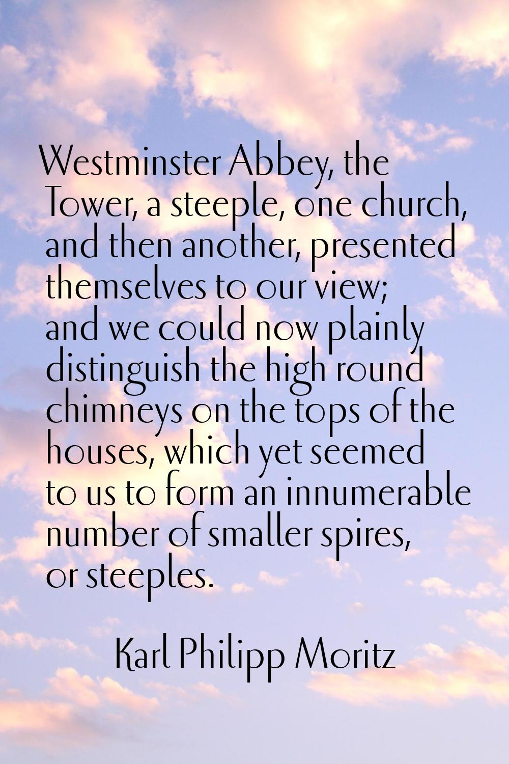 Westminster Abbey, the Tower, a steeple, one church, and then another, presented themselves to our 