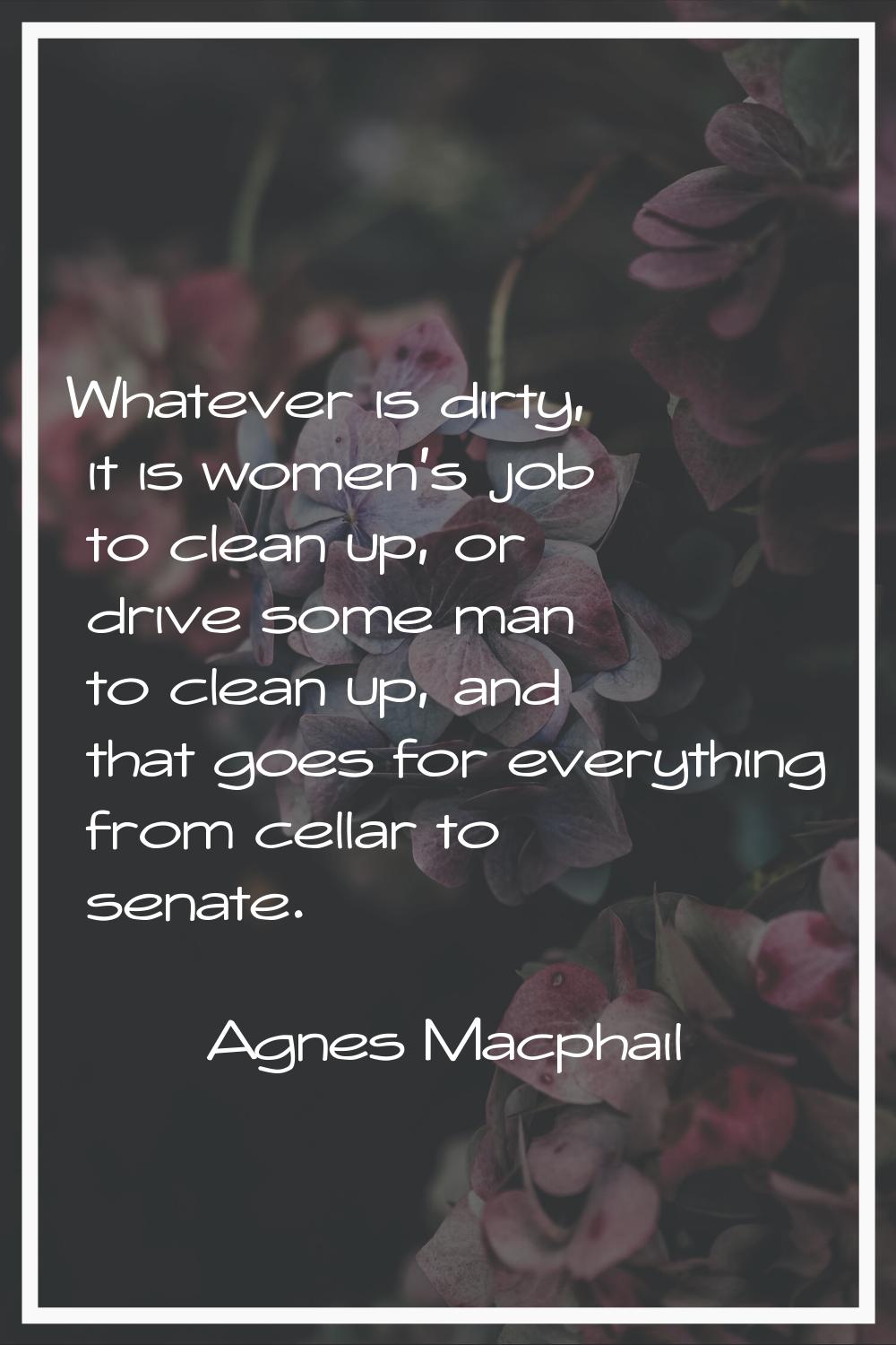 Whatever is dirty, it is women's job to clean up, or drive some man to clean up, and that goes for 