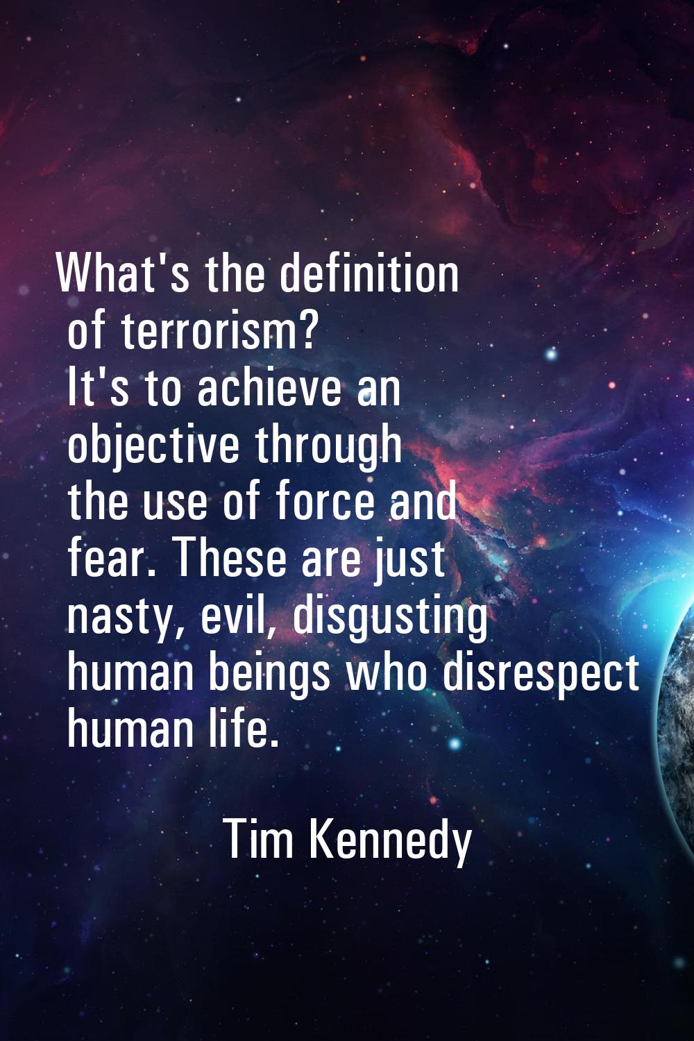 What's the definition of terrorism? It's to achieve an objective through the use of force and fear.