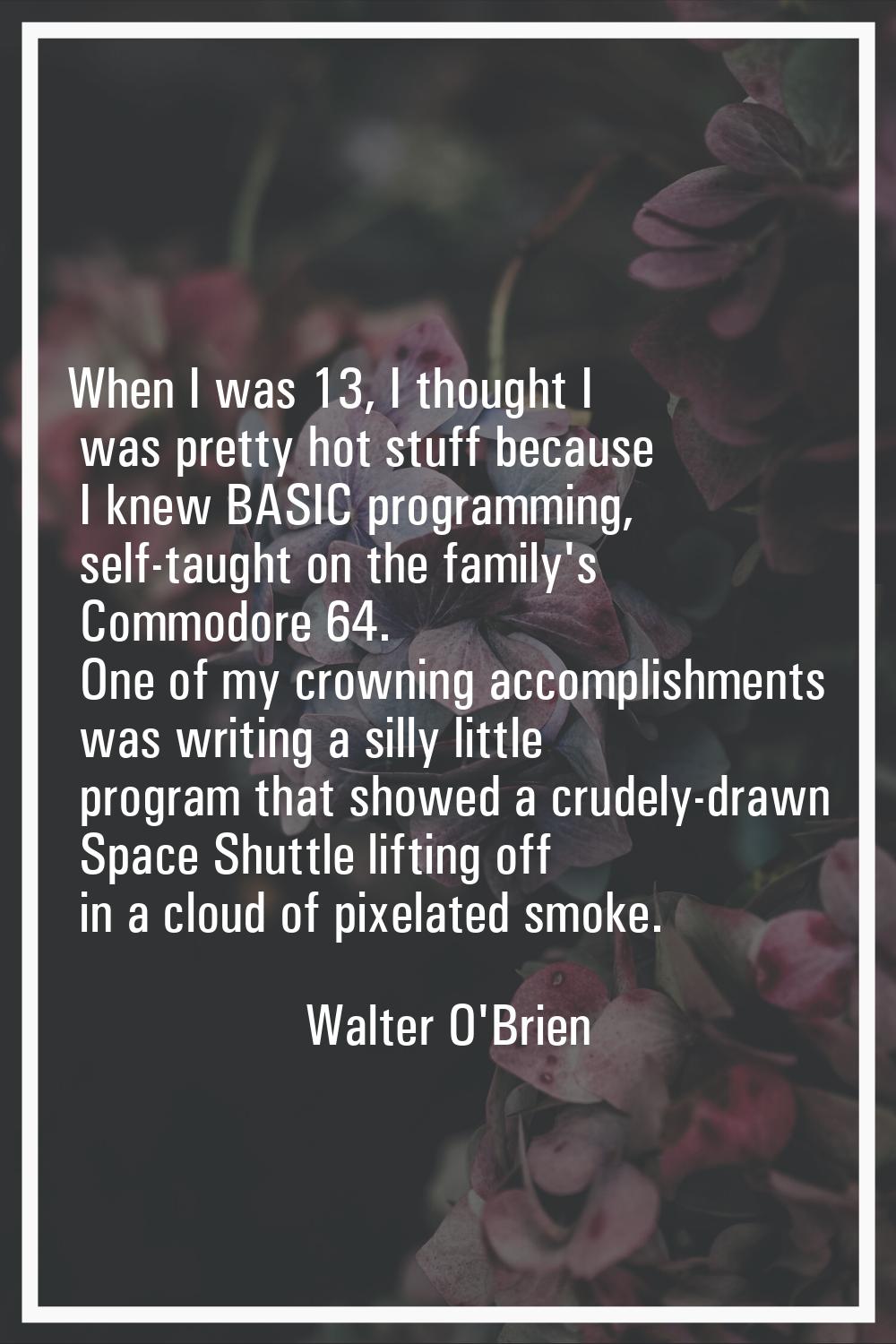 When I was 13, I thought I was pretty hot stuff because I knew BASIC programming, self-taught on th