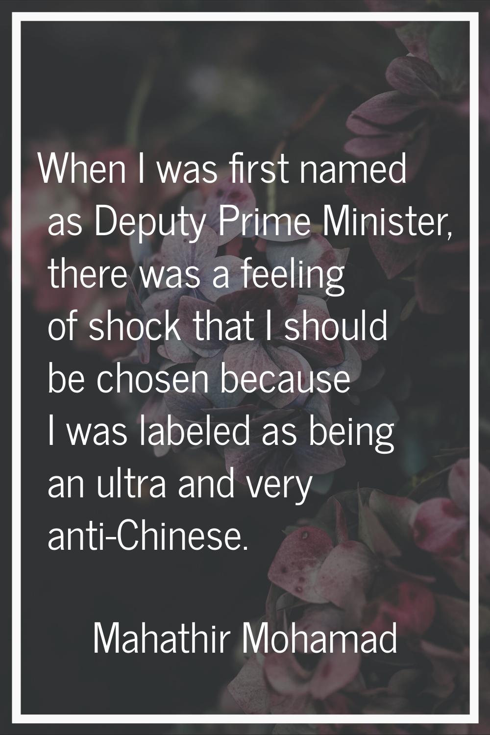 When I was first named as Deputy Prime Minister, there was a feeling of shock that I should be chos