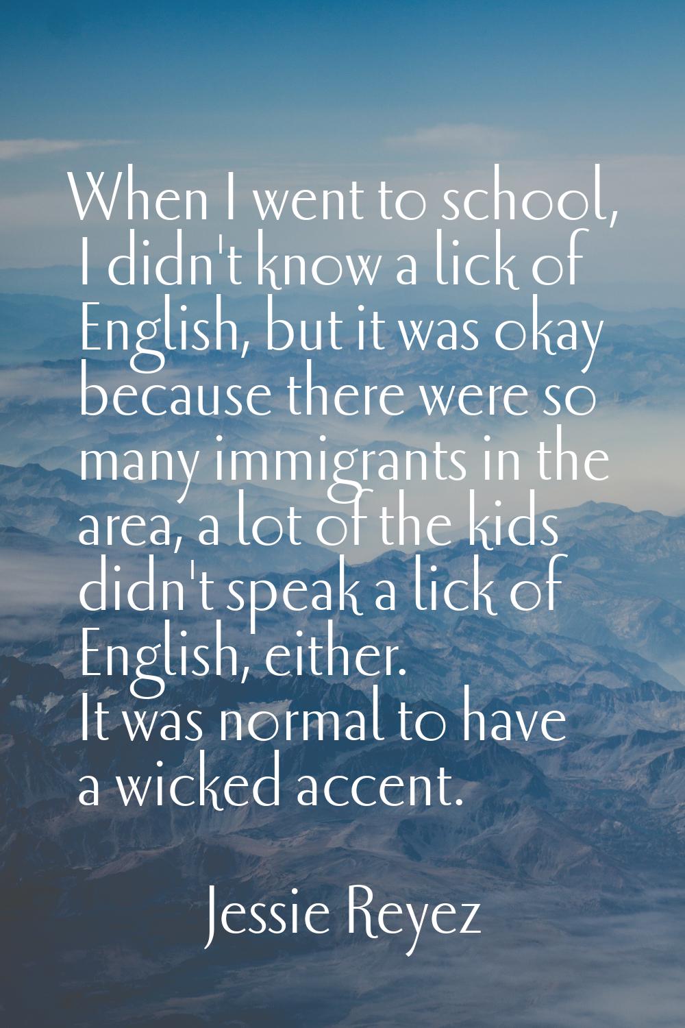When I went to school, I didn't know a lick of English, but it was okay because there were so many 