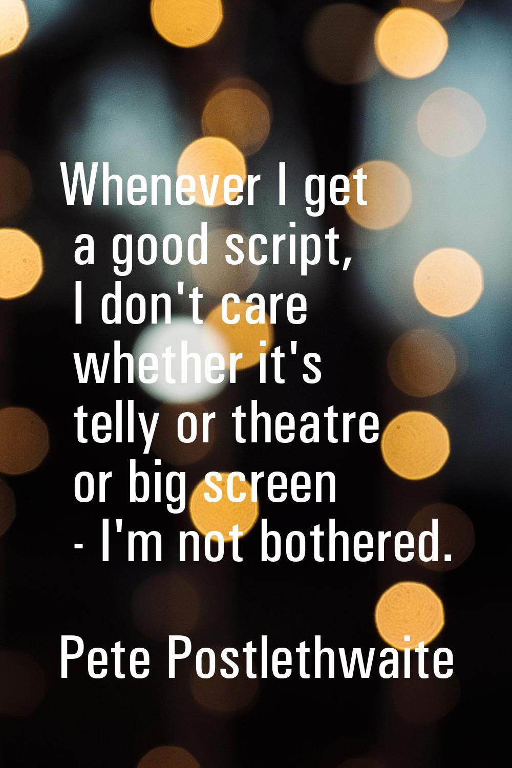Whenever I get a good script, I don't care whether it's telly or theatre or big screen - I'm not bo
