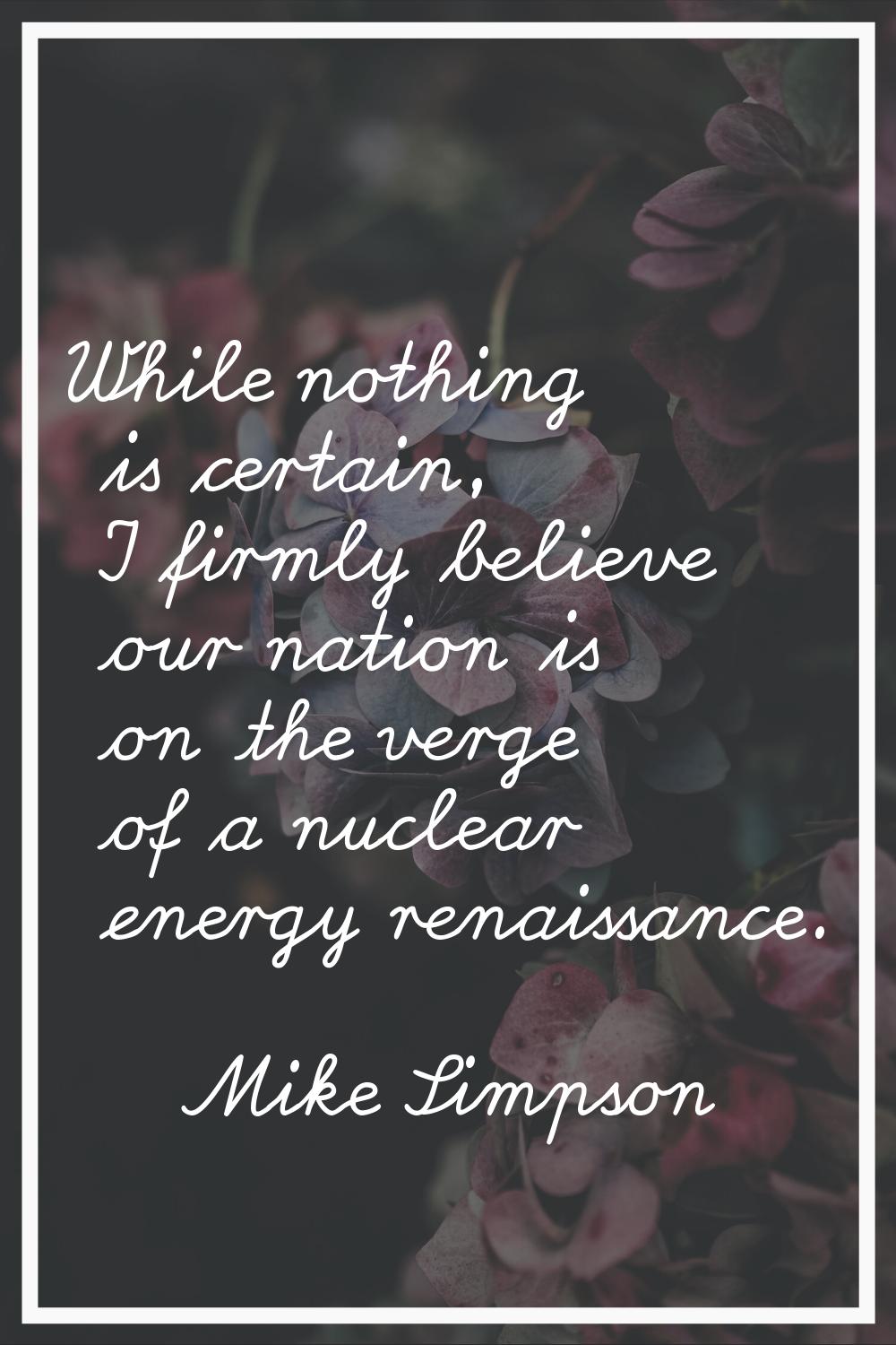 While nothing is certain, I firmly believe our nation is on the verge of a nuclear energy renaissan