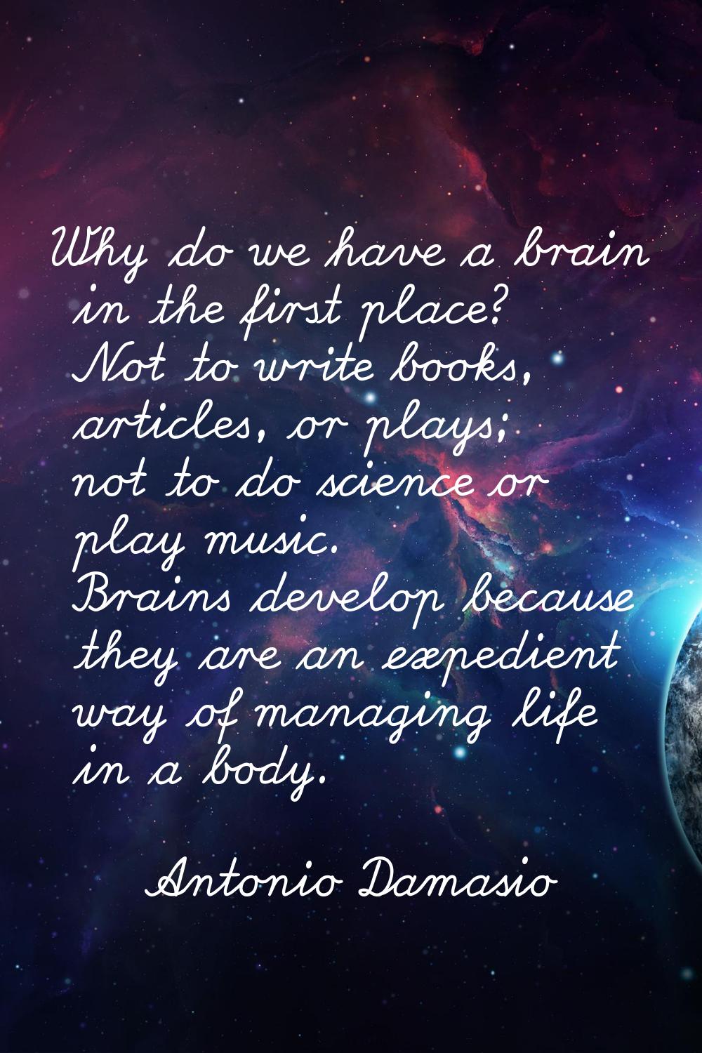 Why do we have a brain in the first place? Not to write books, articles, or plays; not to do scienc