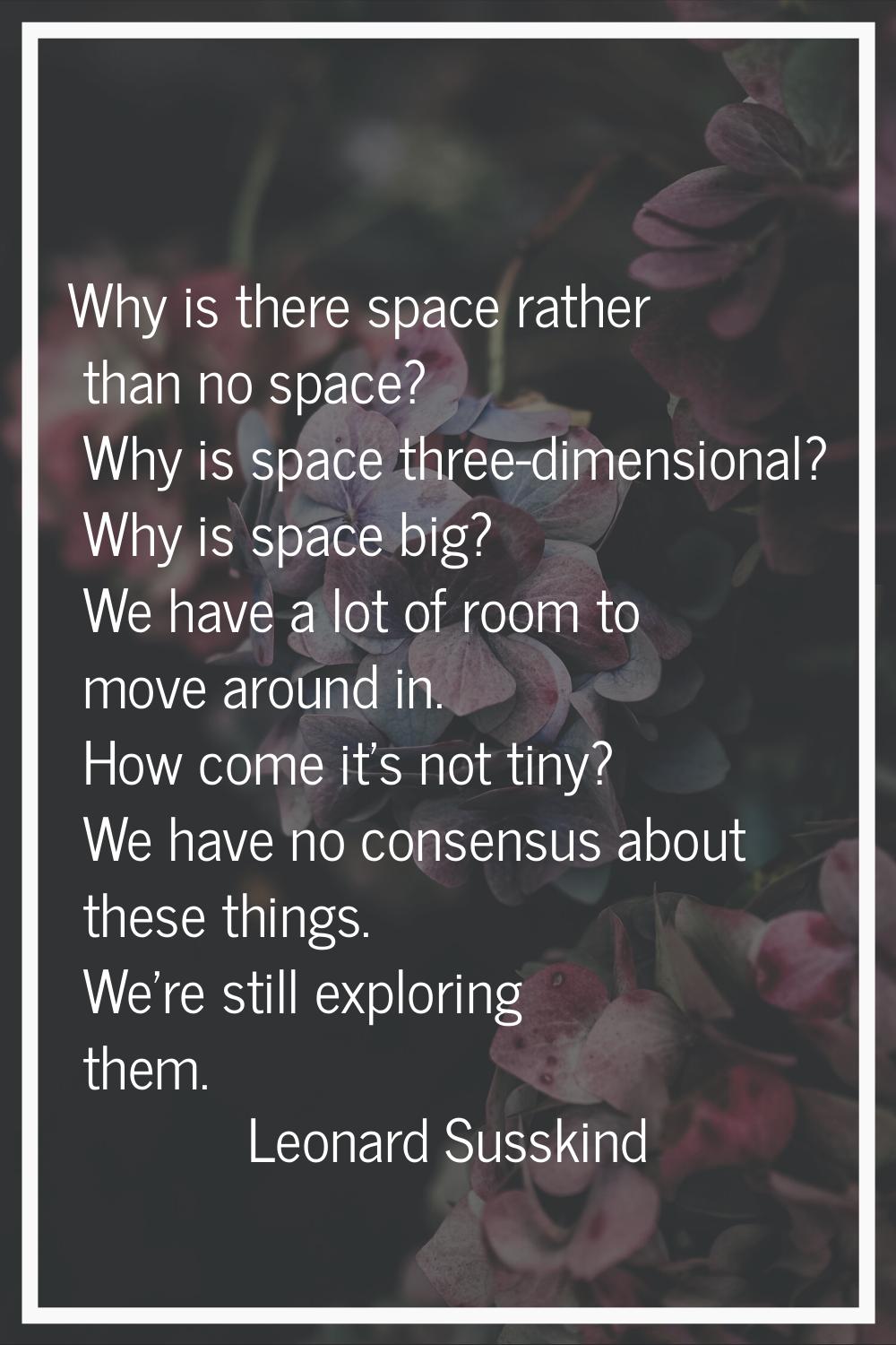 Why is there space rather than no space? Why is space three-dimensional? Why is space big? We have 