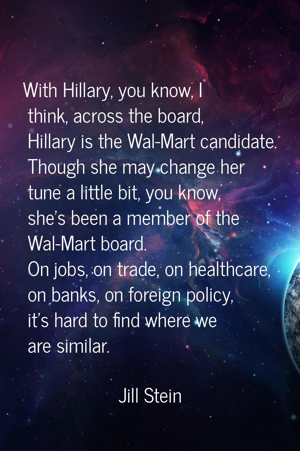 With Hillary, you know, I think, across the board, Hillary is the Wal-Mart candidate. Though she ma