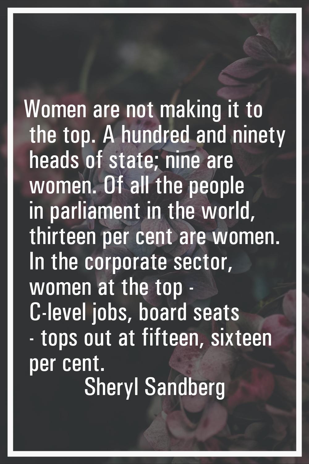 Women are not making it to the top. A hundred and ninety heads of state; nine are women. Of all the