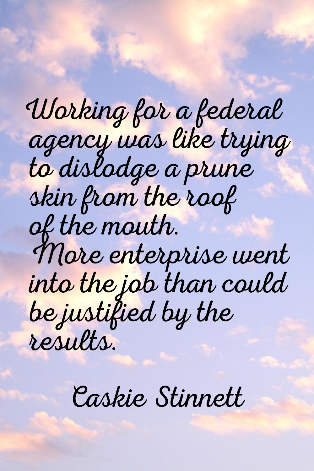 Working for a federal agency was like trying to dislodge a prune skin from the roof of the mouth. M