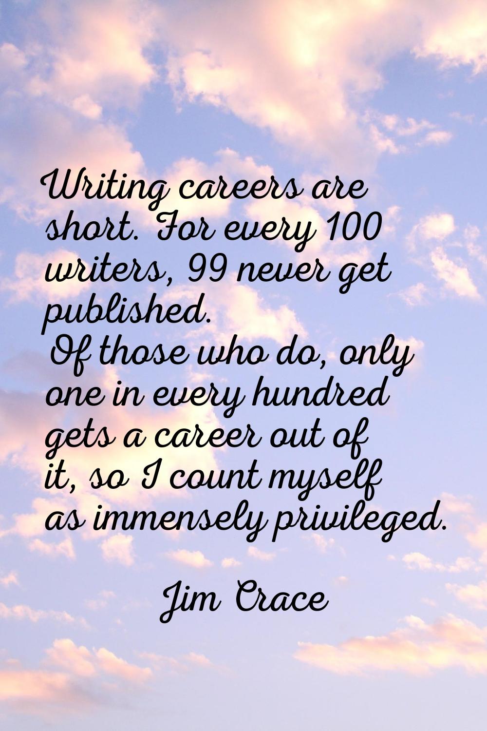 Writing careers are short. For every 100 writers, 99 never get published. Of those who do, only one