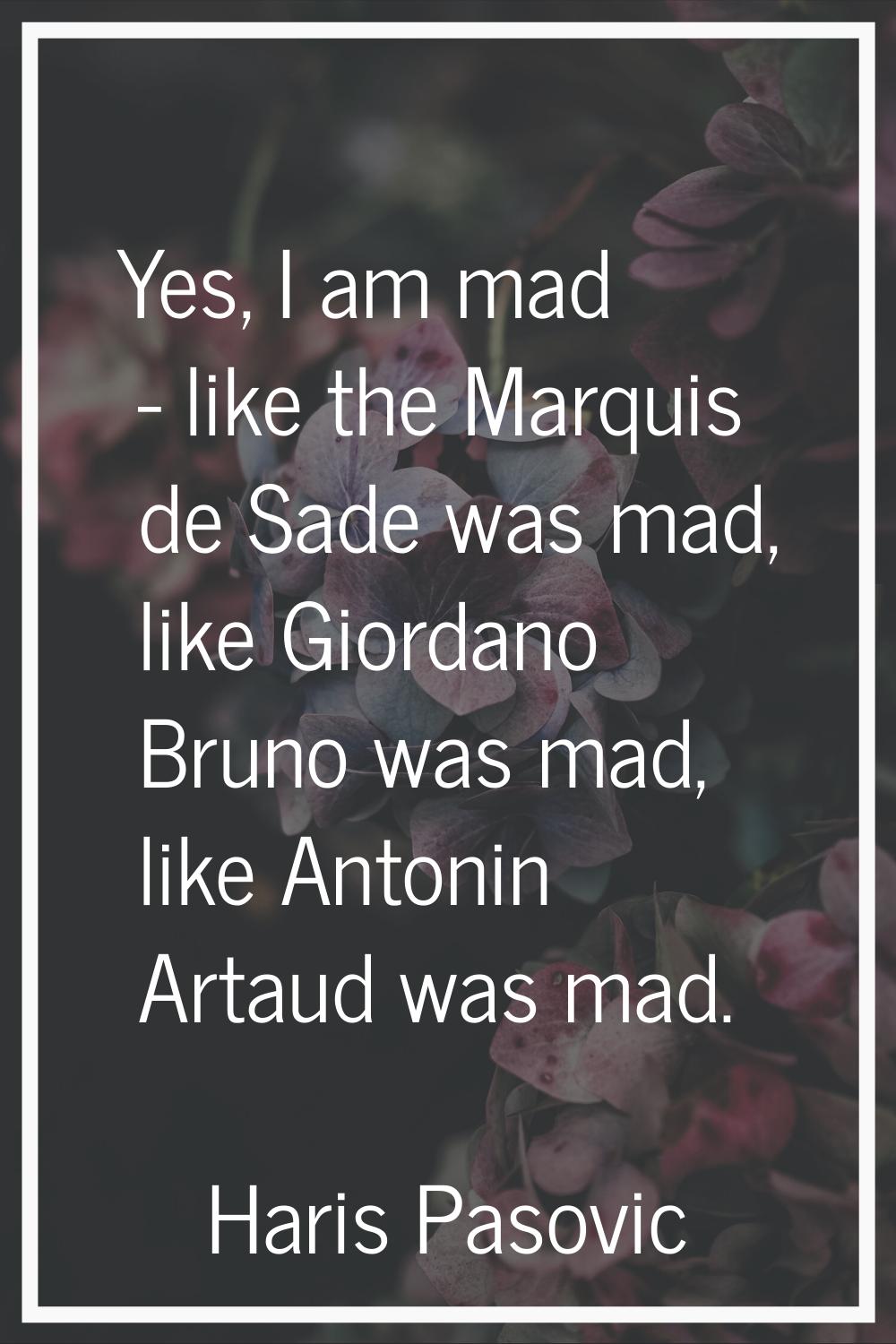 Yes, I am mad - like the Marquis de Sade was mad, like Giordano Bruno was mad, like Antonin Artaud 