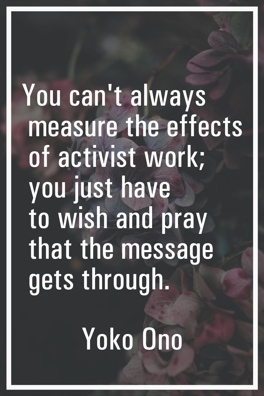 You can't always measure the effects of activist work; you just have to wish and pray that the mess