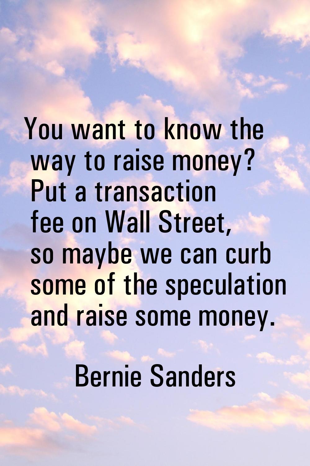 You want to know the way to raise money? Put a transaction fee on Wall Street, so maybe we can curb