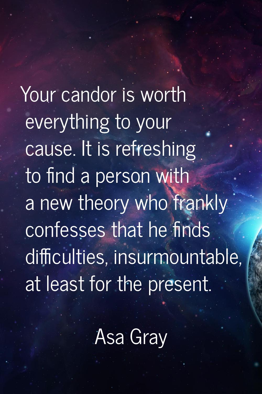 Your candor is worth everything to your cause. It is refreshing to find a person with a new theory 